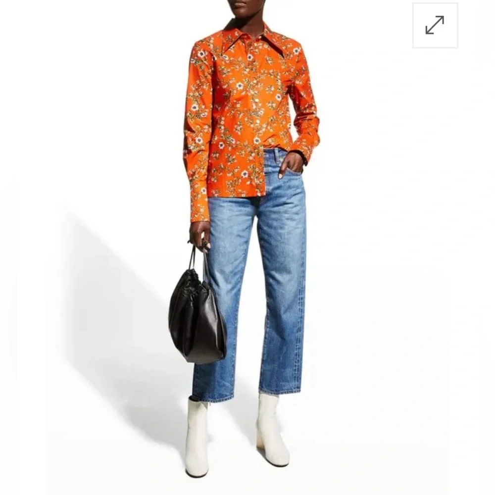 Tory Burch Orange Floral Cotton Button Down Shirt Size 4